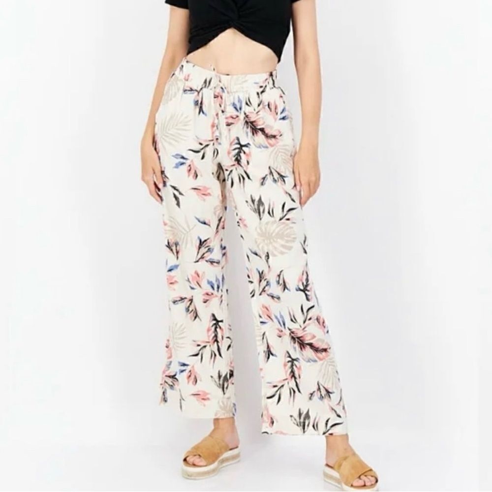 Briggs tropical floral print wide leg Linen pants palazzo tan coastal beach M